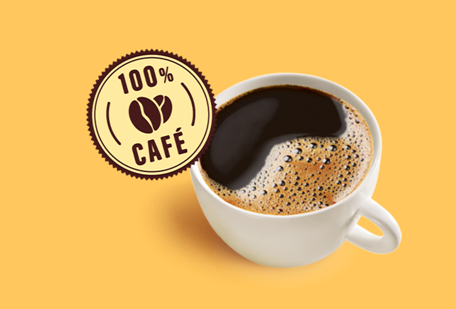 Uma xícara de café em um fundo amarelo 100% café